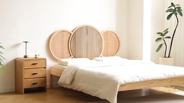 Tête de Lit, 160 cm, bois et rotin, BODO bois clair, NORDLYS