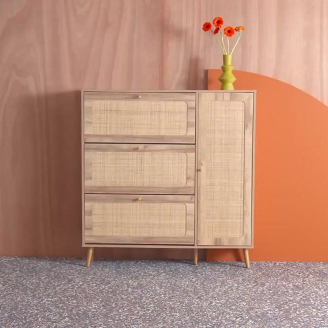 Meuble à chaussures décor bois et cannage 3 abattants 1 porte BOHÈME naturel, SWEEEK
