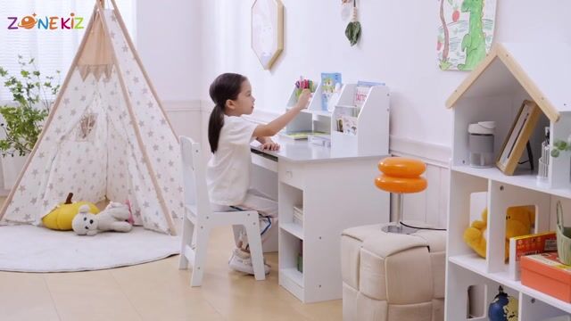 Bureau d'étude pour enfants avec chaise MDF gris et blanc, ZONEKIZ