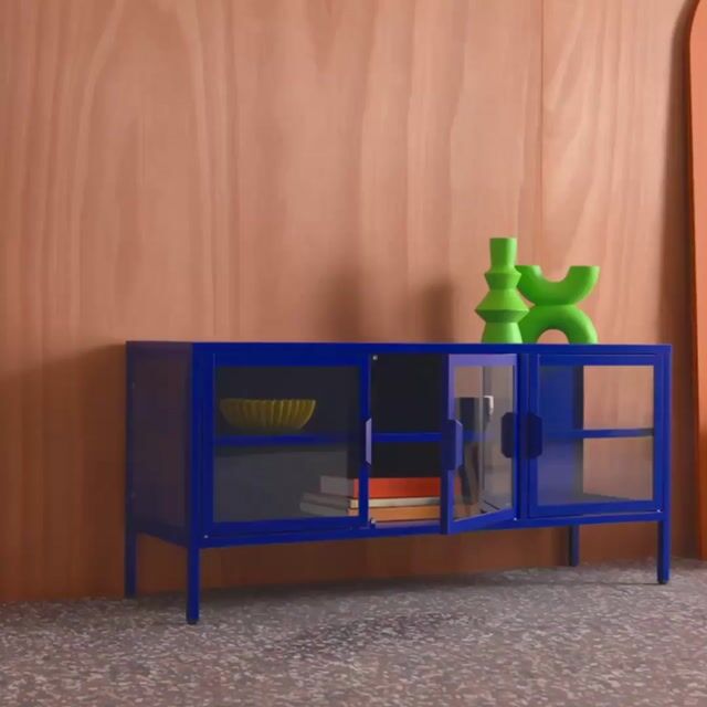 Meuble TV industriel métal et verre trempé 3 portes 120cm ARKANSAS noir, SWEEEK