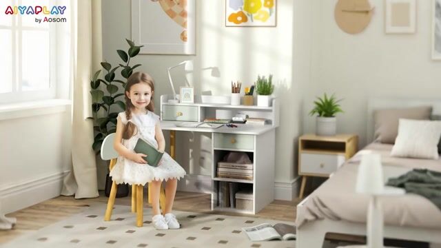 Bureau d'étude pour enfants avec chaise MDF vert clair, blanc, AIYAPLAY