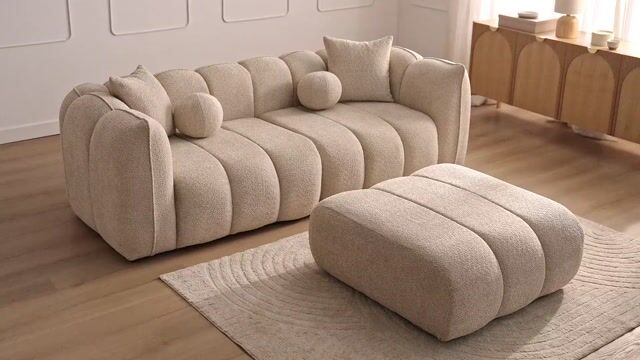 Canapé droit fixe 4 places en tissu bouclette avec pouf, DENVER blanc, BOBOCHIC