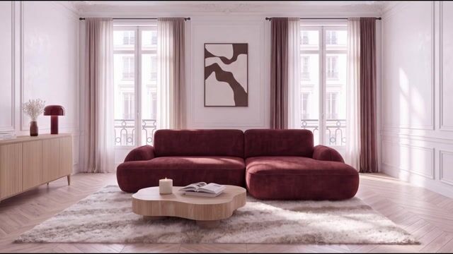 Canapé d'angle convertible 3 places en tissu lisse, CELESTE rouge, BOBOCHIC