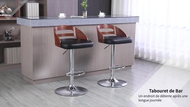 Tabouret de bar revêtement synthétique PU noir, aspect bois, chrome, HOMCOM