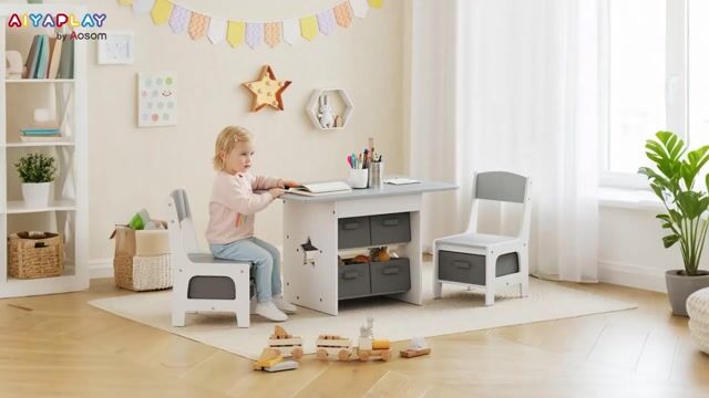 Ensemble table et chaises pour enfants MDF gris clair, gris foncé, blanc, AIYAPLAY
