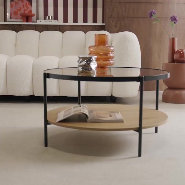 Table basse ronde double plateau verre, décor bois et métal SMOOKY naturel, SWEEEK