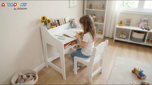 Bureau d'étude pour enfants avec chaise MDF blanc, AIYAPLAY