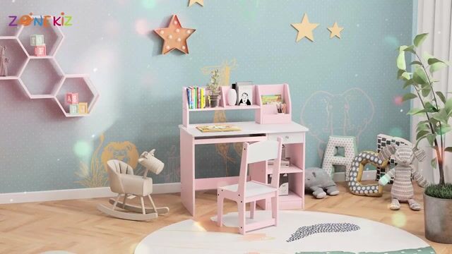 Bureau d'étude pour enfants avec chaise MDF rose et blanc, ZONEKIZ