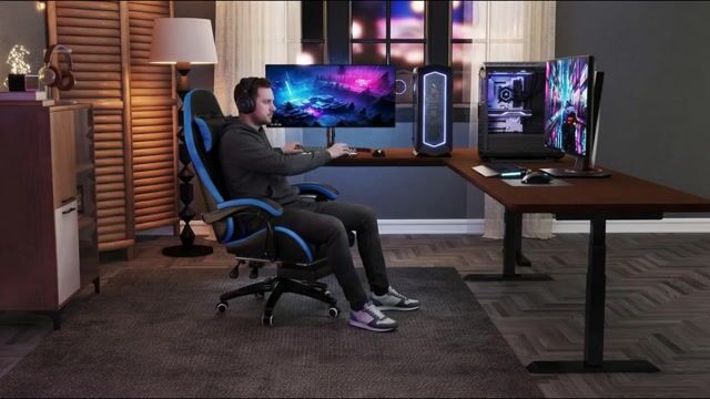 Fauteuil gaming Polyuréthane Noir noir et bleu, HOMCOM