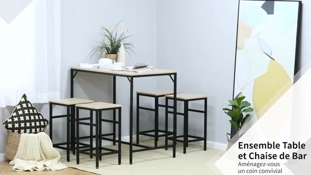 Ensemble de table de bar Métal Beige beige, bois clair, noir, HOMCOM