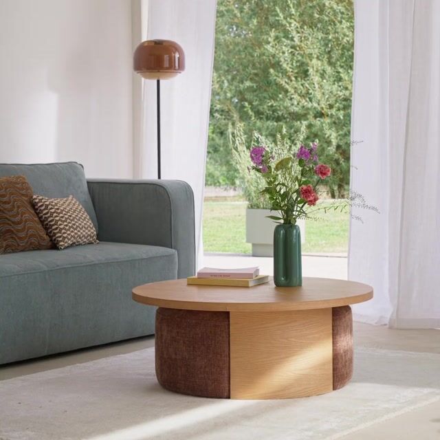 Table basse ronde en placage chêne, et ses 2 poufs, JEN coloris chêne, LA REDOUTE INTERIEURS